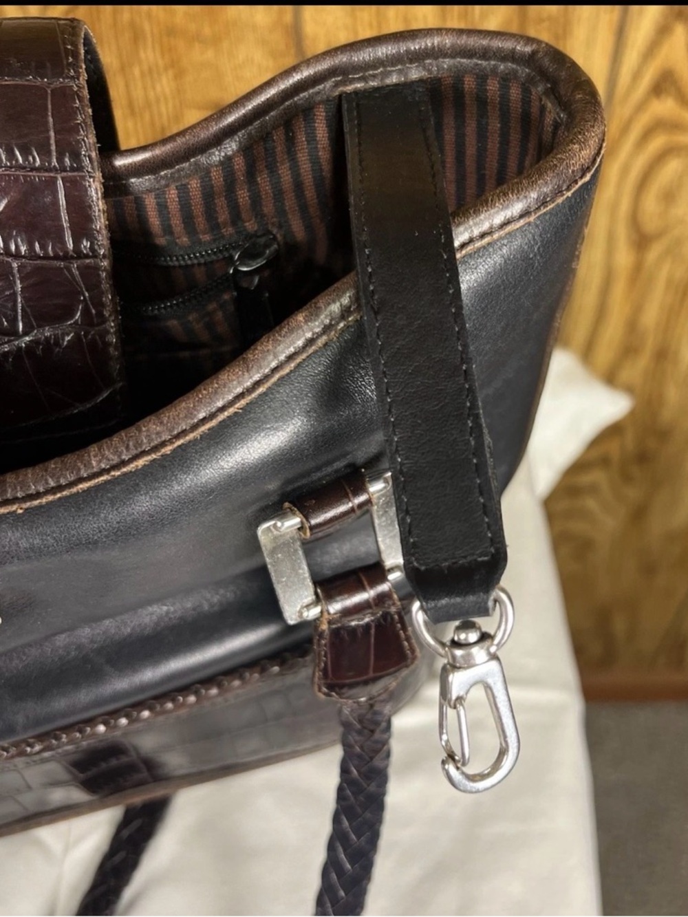 BRIGHTON Black Brown Croc Leather Bucket Shoulder Handbag Satchel Purse Bag - Picture 6 of 10